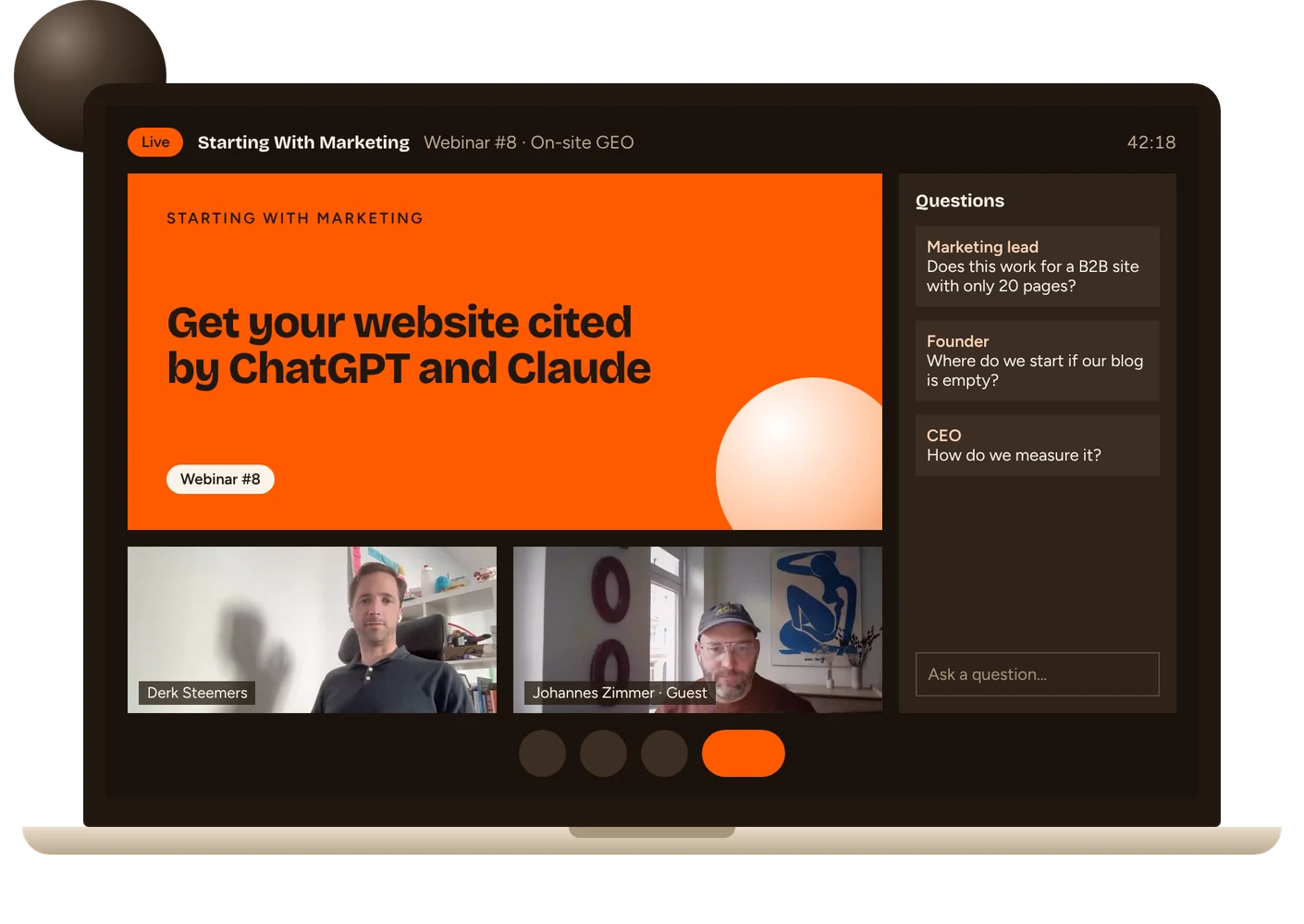 A live Starting With Marketing webinar on a laptop, with a shared slide titled Get your website cited by ChatGPT and Claude, host and guest video tiles and audience questions.